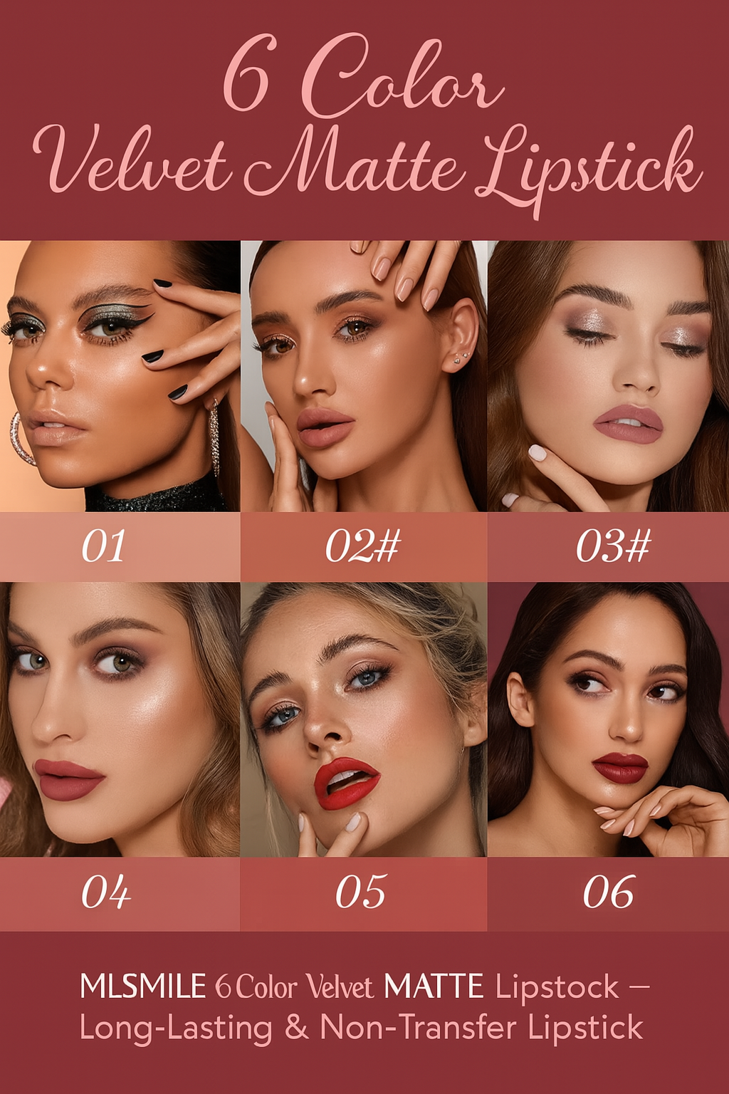 MLSMILE Velvet Matte Lipstick Set – 6 Colours, Long-Lasting & Transfer-Proof