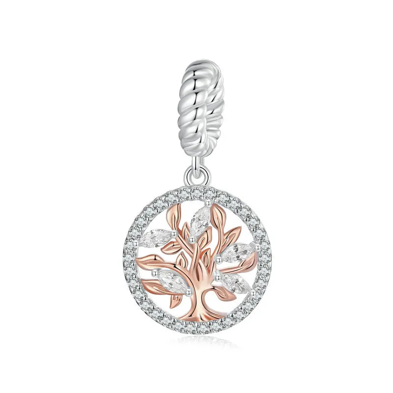 925 Sterling Silver Rose Flower Tree of Life Heart Charm